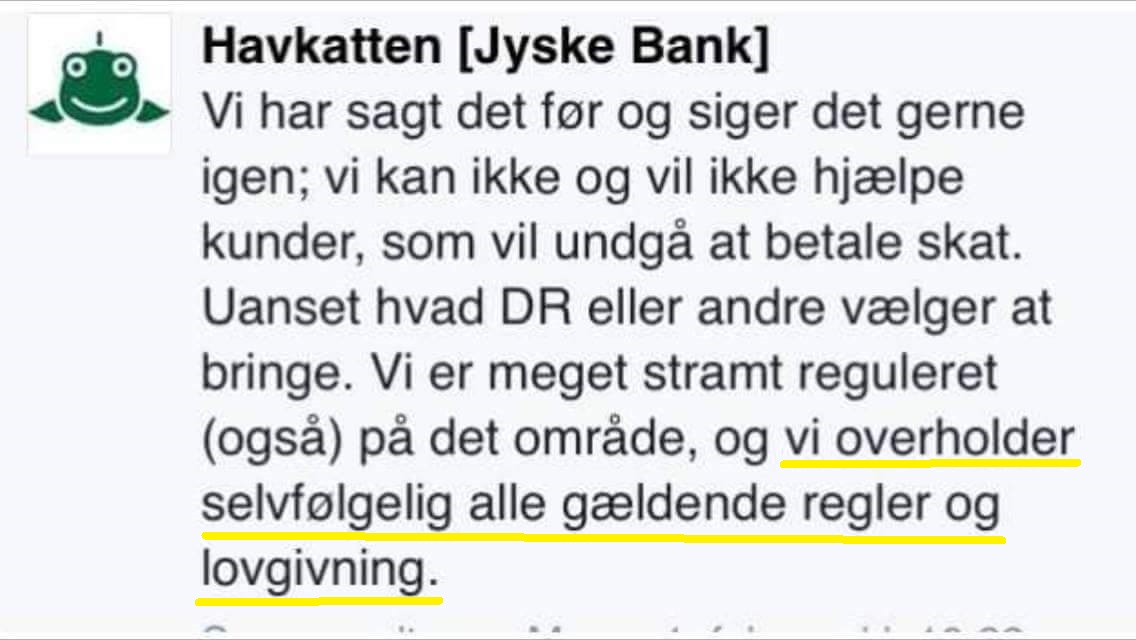Mail til MUG@jyskebank.dk Det er nu dejligt at vide at :-) jyske bank overholder alle regler og love.